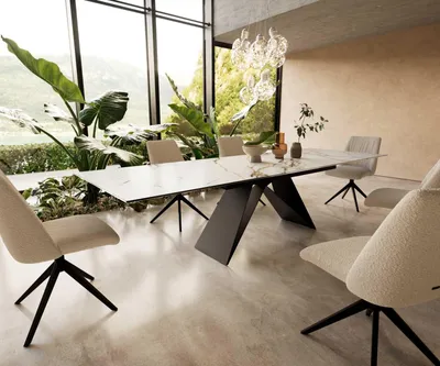 Produktbild von DELIFE Esstisch Edge 200-300x100 Keramik Calacatta Luxe Weiß-Gold-Grau V-Gestell Flachstahl Schwarz ausziehbar