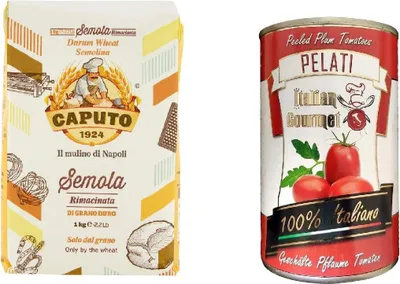 Produktbild von Caputo - Hartweizengrieß - Semola di grano duro rimacinata 1kg + Italian Gourmet Pomodori 100% italienisch Pelati Ganze Geschälte Pflaume Tomaten sauce dose 400g