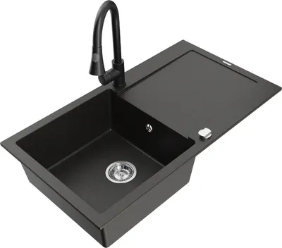 Produktbild von Mexen Leo 1 Becken-Granitspüle mit Abtropffläche und Mischbatterie Elia, Schwarz/Gold metallisch - 6501-75-670101-70
