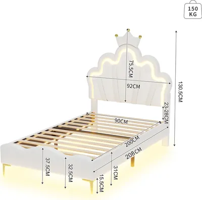 Image de CDGlobal Lit rembourré Lit simple 90x200 cm, Lit d'enfant Lit avec lampes LED et sommier à lattes, Cadre de lit avec tête de lit, Lit moderne pour adolescents avec pieds ronds rembourrés, PU, Blanc