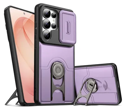 Image de Coque de téléphone pour Samsung Galaxy S25 Ultra avec protection pour l'appareil photo et anneau de fixation/support, coque hybride antichoc, couleur violette