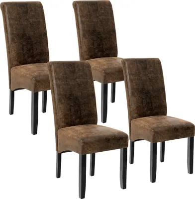Four brown dining chairs are arranged in a staggered formation against a white background.