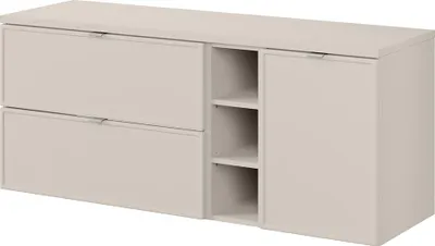 Produktbild von Badezimmer-Waschtischunterschrank 140 cm in Kaschmir mit Wäschekorb, 2 Schubladen & 3 Fächern - BIBIONE-56