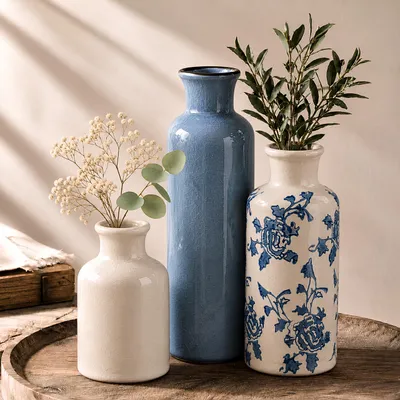 Keramikvasen-Set, 3 Stück, Blau-Weiß, 13/19/25 cm