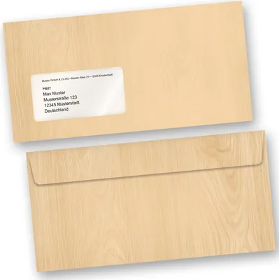 Produktbild von Briefumschläge MADEIRA Holz-Optik Braun (100 Stück m.F.) DIN lang MIT Fenster Haftklebend Holzmaserung Holzmuster