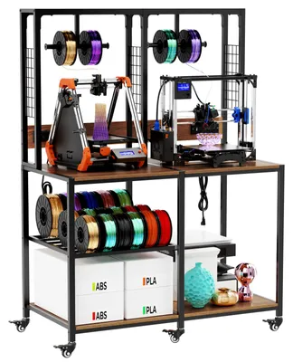 Image de Support pour imprimantes 3D, conçu pour accueillir 2 imprimantes, avec des supports pour bobines de filament, des étagères ouvertes, une structure en tubes d'acier, des panneaux en acier inoxydable et des roulettes pivotantes à 360° avec freins de stationnement