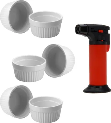 Produktbild von ToCi Soufflé Förmchen 7-teiliges Set Ø 9 cm | 6 x Creme Brulee Schälchen | 1 x Flambiergerät | Ofenfeste Keramik Förmchen je 185 ml | Dessertschalen Pastetenförmchen für Ragout Fin Schoko-Souffle