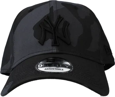 A close-up studio shot of a New York Yankees baseball cap.