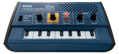 A product shot of a Korg Monotron DUO synthesizer.