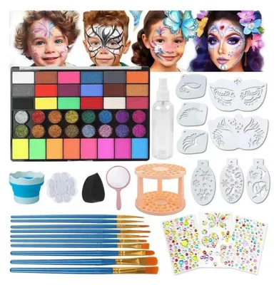Immagine prodotto di Set di trucchi per bambini, 42 colori, con pennello, stencil e accessori per viso e corpo