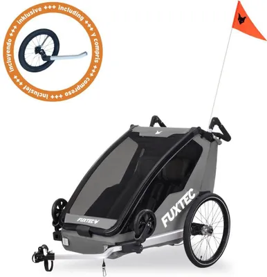 Produktbild von FUXTEC Fahrradanhänger/Jogger FX-FA1-SET-GRAU -  inklusive Jogger-Rad | Buggyfunktion | Faltbar | 5-Punkt-Gurtsystem | Insektennetz