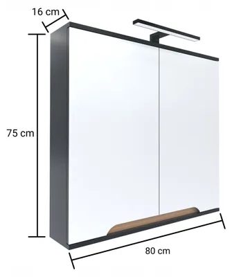 Zdjęcie produktu dla Szafka z lustrem dwudrzwiowa 80x16x75 GRAFIT/dąb, lampa LED 40cm, Omeble