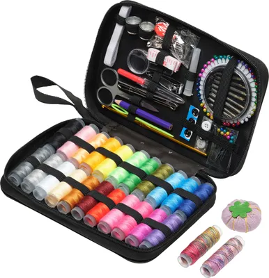 A sewing kit laid out with all its contents visible.