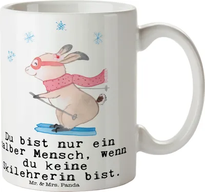 Produktbild von Mr. & Mrs. Panda Becher Skilehrerin Herz - Weiß - Geschenk, Kaffeebecher, Teetasse, haferl, Kaffeetasse, Pott
