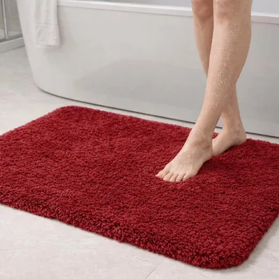 Image de Tapis de bain en microfibre, 90 x 60 cm, rouge vif, absorbant, pelucheux, avec dos en TPR, lavable en machine