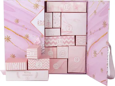 An open pink advent calendar with numbered boxes inside.