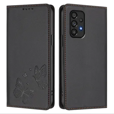 Image de Étui en cuir pour Samsung Galaxy A53 5G, motif papillon en relief, étui à rabat avec porte-appareil, noir