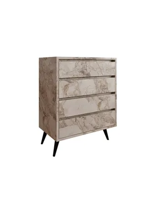 A marble-patterned chest of drawers with four drawers and black legs, isolated on a white background.