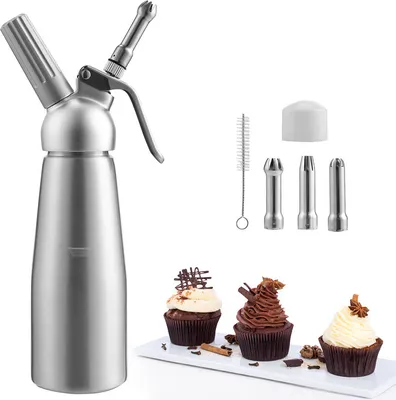 Produktbild von Yakimz Sahnespender 0,5 L Aluminium Sahnesyphon Mit 3 Edelstahl Deko-Düsen und Reinigungbürste für die Zubereitung von Schlagsahne, Creme, Mousse N2O Sahnekapseln Nicht Enthalten