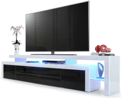 Produktbild von Vladon TV Board Lowboard Leon V3,  Germany, Korpus und Überbau in Weiß Hochglanz / Front in Schwarz Hochglanz mit Rahmen in Weiß Hochglanz inkl. LED Beleuchtung (227 x 52 x 35 cm)
