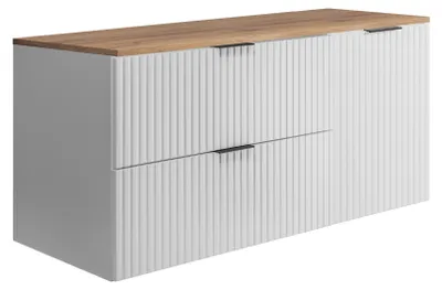 Produktbild von Badezimmer-Set: Schrank mit Schubladen und Schrank mit Türen 57×46×120 cm, Farbe: Weiß / Arbeitsplatte Eiche Craft, schwarzer Griff