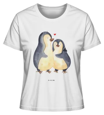 Produktbild von Mr. & Mrs. Panda Basic Shirt Damen Pinguine Einschlafen Größe S - Weiß - Geschenk, Valentinstag, Hochzeitstag, Kurzarmshirt, Baumwoll T-Shirt, für Partner, Freundin