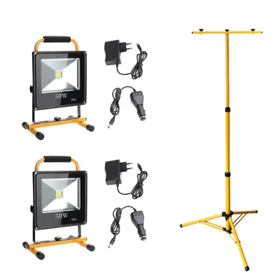 Zdjęcie produktu dla Jopassy 2x50 W LED – reflektor budowlany, lampy robocze z akumulatorem, światło zimnobiałe, z podwójnym statywem, reflektor, lampa robocza, reflektor punktowy, IP66