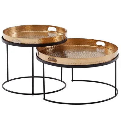 Produktbild von WOHNLING Couchtisch 2er Set Gold / Schwarz Metall Hammerschlag Satztisch Rund Sofatisch abnehmbares Tablett Tabletttisch Sofa 2 teilig Modern