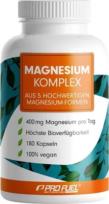 A white bottle of ProFuel Magnesium Complex supplements with green leaves and orange accents on the label.