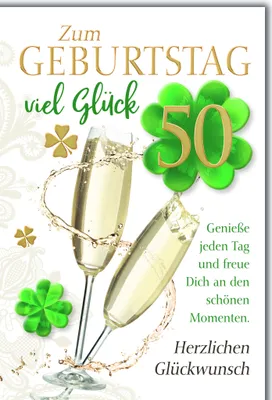 Produktbild von 50. Geburtstag Glückwunschkarte mit Briefumschlag Sekt und Kleeblatt