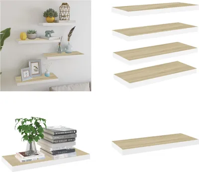 Productafbeelding van vidaXL Zwevende wandplanken, 4 stuks, eikenlook en wit, 60x23,5x3,8 cm, MDF - Wandplank - Wandplanken - Zwevende wandplank - Wandplank, zwevend