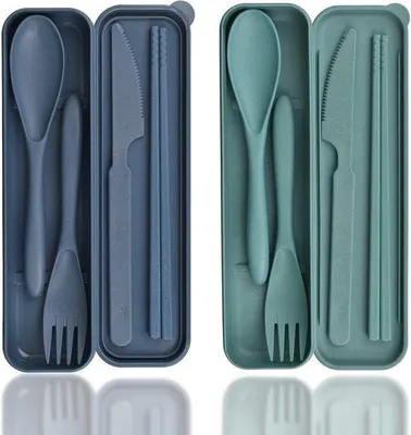 Produktbild von Portable Campingbesteck - 2 Stücke mit Etui - Reisebesteck - Plastik - Löffel - Messer - Gabel - Stäbchen - Tragbar - Campingbesteck - Herstellbar - für Picknick