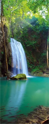 Produktbild von Wallario selbstklebendes Poster - Wasserfall im Wald am See Idylle in Thailand, Größe: 50 x 125 cm