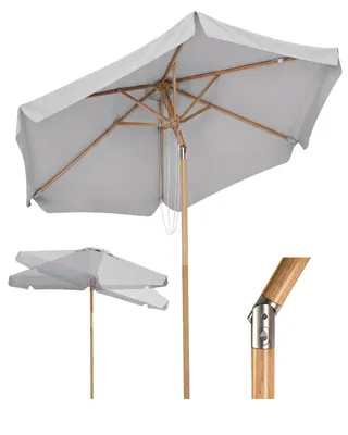 Produktbild von Sekey Balkonschirm 200 cm Ø Holzoptik, Knickbar, Stabiler Gartenschirm, UV-Schutz 50+, Sonnenschirm für Terrasse und Hof, Hellgrau