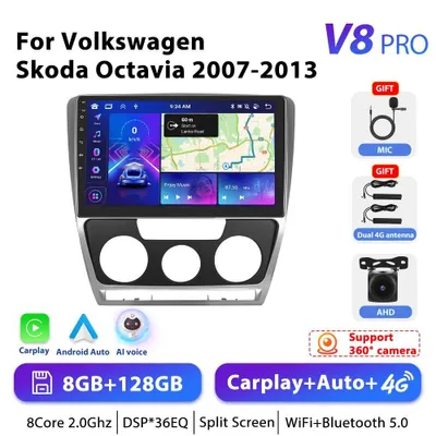 Zdjęcie produktu dla Skoda Octavia 2007–2013 – radio samochodowe z systemem Android 2-DIN – ekran dotykowy 25,4 cm – 8 GB pamięci RAM, 128 GB pamięci ROM – 4G LTE – nawigacja GPS – RDS – podzielony ekran