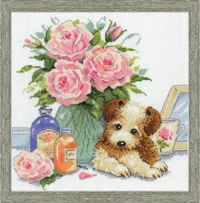 Produktbild von Design Works Kreuzstich Stickpackung "Welpe mit Rosen", Zählmuster, 25x25cm