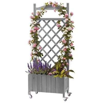 Immagine prodotto di Gabbia rampicante, fioriera con rotelle, aiuola rialzata in legno con graticcio, vaso resistente alle intemperie con fori di drenaggio, fioriera mobile 49x28x116 cm