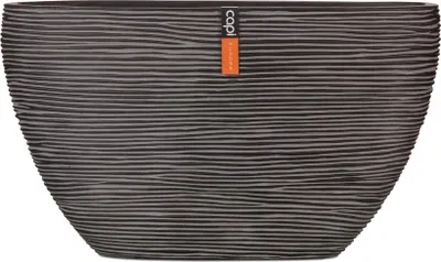 A dark gray oval planter with a ribbed texture and an orange and white brand tag attached to the top.