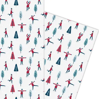 Produktbild von Süßes Winter Weihnachts Geschenkpapier mit Schlittschuhläufern rot - G5961, 32 x 48cm