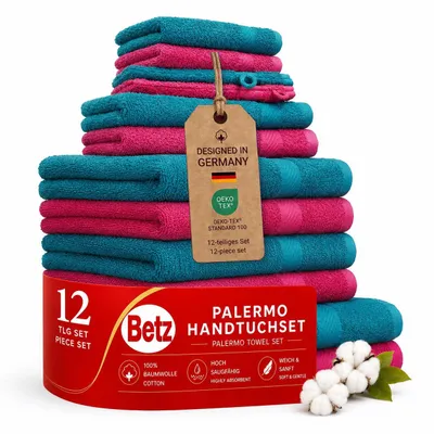 Produktbild von Betz 12-TLG. Handtuch-Set Palermo 100% Baumwolle 2 Liegetücher 4 Handtücher 2 Gästetücher 2 Seiftücher 2 Waschhandschuhe Farbe Cranberry und Petrol