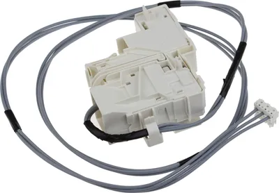 A white washing machine door lock mechanism with gray wires and a white connector.