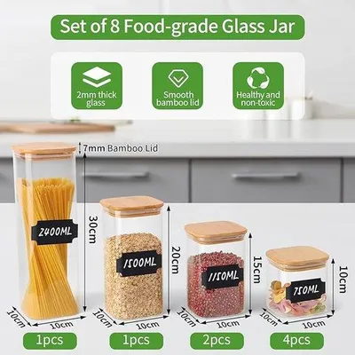 Produktbild von Glasvorratschubser, Set von 8, 2400 ml/1500 ml/1150 ml/750 ml, rechte Glasbehälter, große Glascontainer, Vorratsbehälter mit Holzdeckel, Spaghettieinsatzbehälter.
