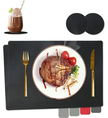Productafbeelding van Set van 2 placemats, lederlook, vaatwasmachinebestendig, hittebestendig, antislip, zwart, 43x30 cm, inclusief onderzetters