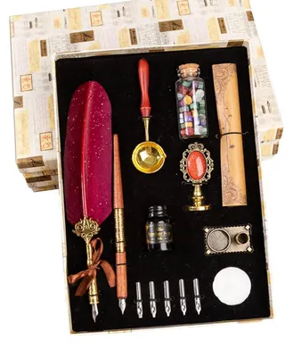 Produktbild von Kalligrafie Set mit Federkiel, Tinte und Siegelstempel, 5 Stiftspitzen, Geschenkbox