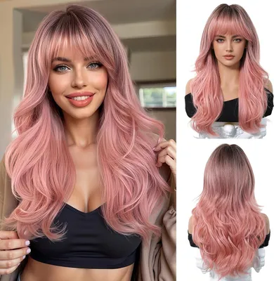 Produktbild von Ombre Rosa Lange Perücke mit Pony Natürliches Synthetisches Haar Hitzebeständig