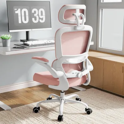 Obrázok produktu pre Ergonomická kancelárska stolička v ružovej farbe – s nastaviteľnou bedrovou oporou a opierkou hlavy – nosnosť 150 kg
