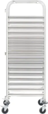 A front view of a stainless steel tray trolley with wheels.