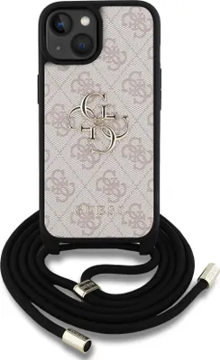 Image de GuessPolyuréthane4G Métal Logo Crossbody Strap Back Cover pour iPhone 15 Rose