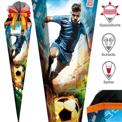 Produktbild von Roth Schultüte 85 cm Jungen Exklusiv Set, Motiv / Ausführung:Fussballspieler Feuer Schleife