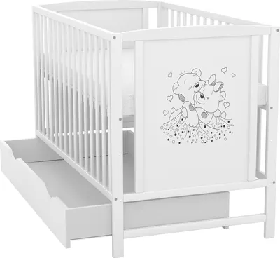 Produktbild von Baby-Delux Babybett Gitterbett Mia Schutzgitter 2in1 weiß 60x120 Bärchen mit Schublade, Sicherheitsbarriere, Matratze